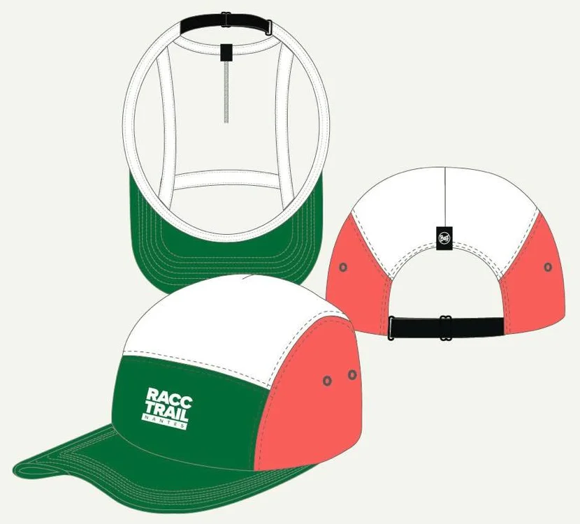 La casquette RACC Trail x Buff vue de face, de dos et de dessous : visière et devant verts, panneaux latéraux corail, dessus blanc, logo RACC Trail Nantes