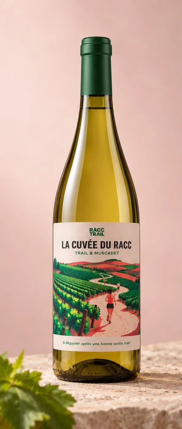 Une bouteille de La Cuvée du RACC sur une pierre, devant un fond rose