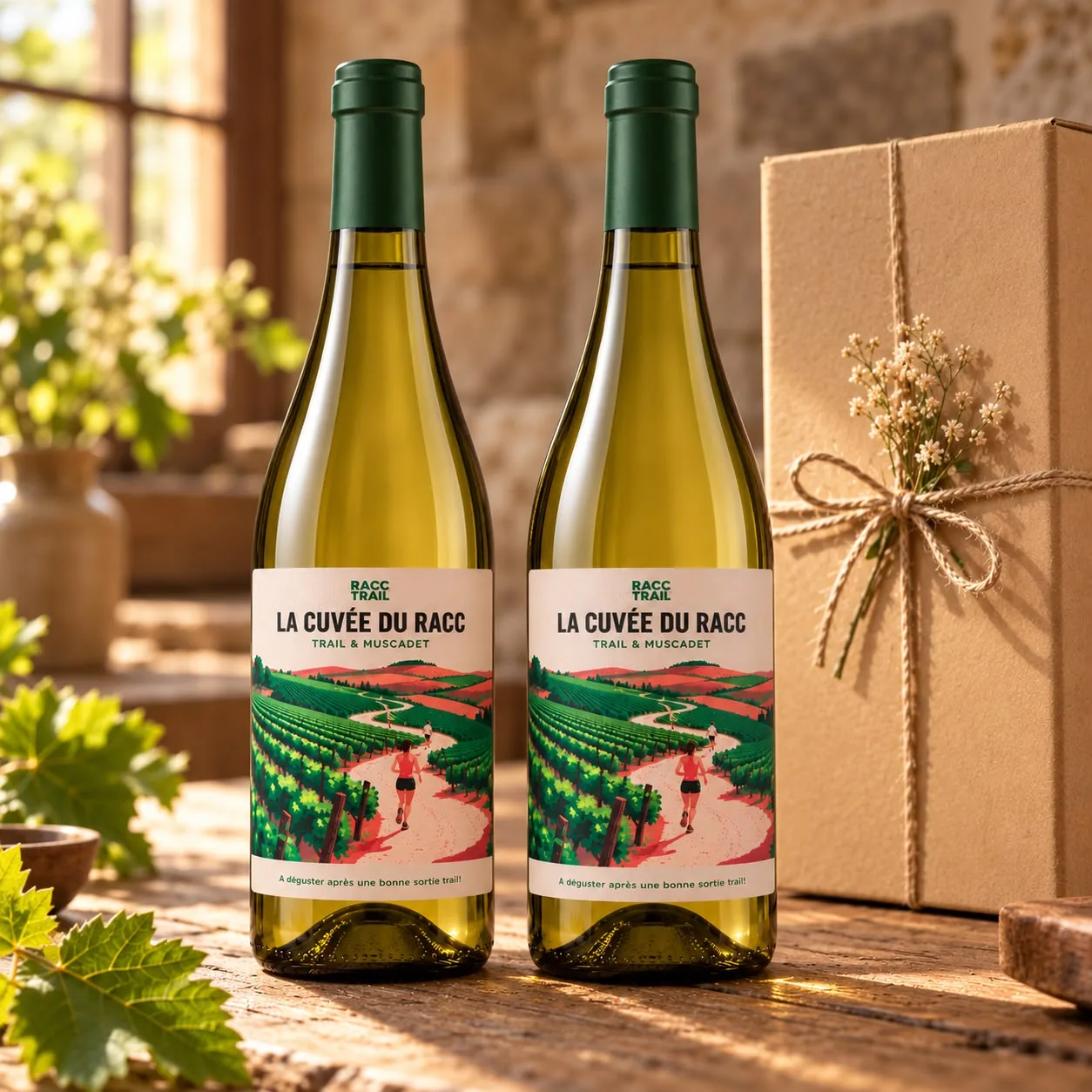 Deux bouteilles de La Cuvée du RACC, étiquette Trail & Muscadet illustrée d'une coureuse sur un chemin entre les vignes